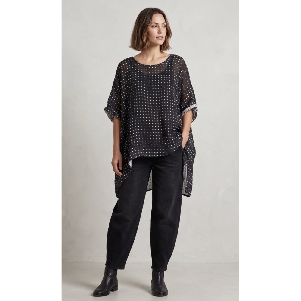 100% Linen Gauze Square Dot Boxy Tunic Top Hi-Low Short Sleeve Blouse Size M/L